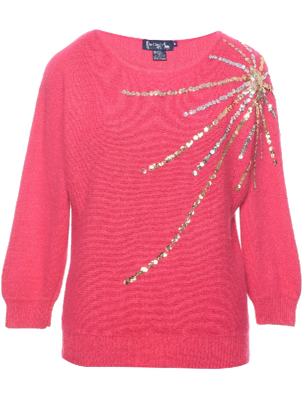 Sequined Pink Jumper - M Bright Pastel Dark