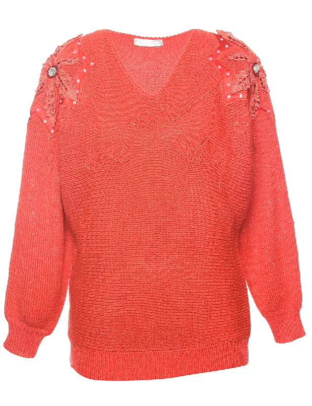 Sequined Red Jumper - L Mesh Blend Leather Blend Suede Blend