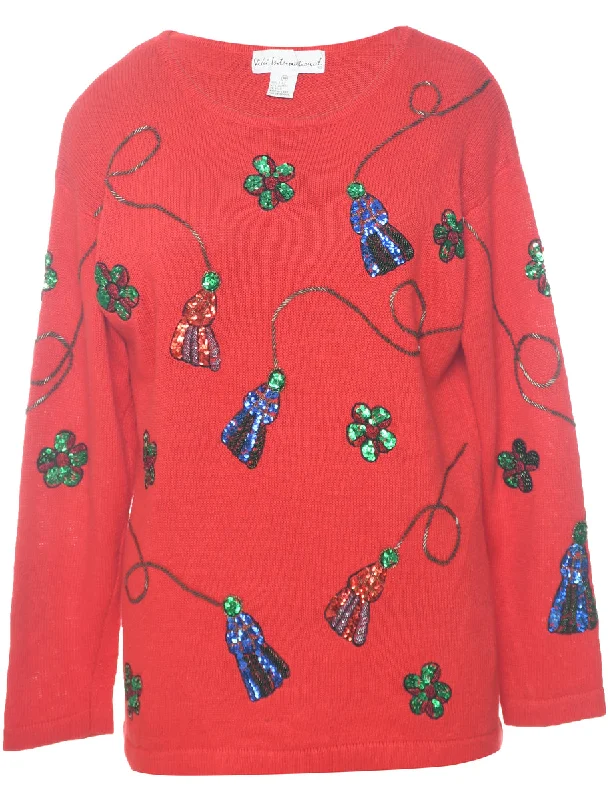 Sequined Red Jumper - M Stretchy Elastic Breathable