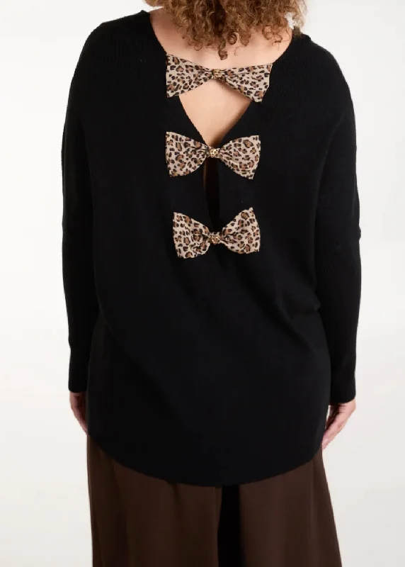 Animal Print Triple Bow Back V-Neck Fine Knit Jumper (2 Colours) Herringbone Houndstooth Plaid
