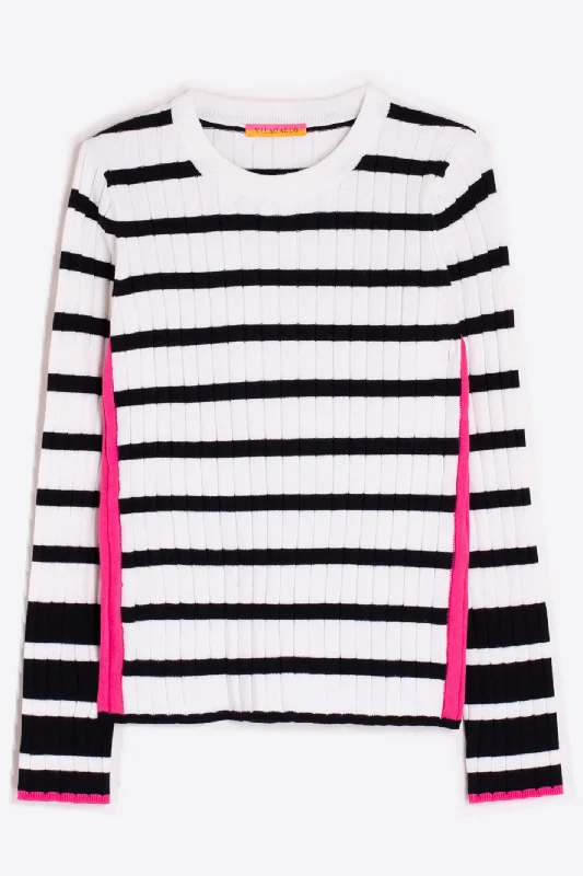 Vilagallo 31524 White Black Stripe Jumper Welt Pockets Slit Pockets Flap Pockets