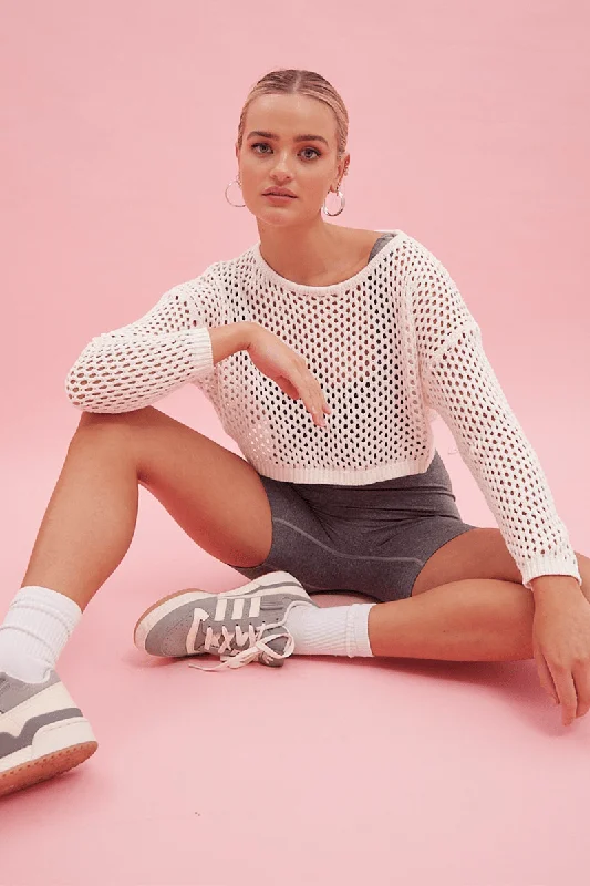 White Knit Jumper Long Sleeve Fishnet Machine Wash Dry Clean Hand Wash