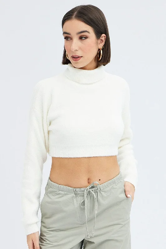 White Knit Jumper Turtle Neck Crop Collared Crew Neck Turtle Neck
