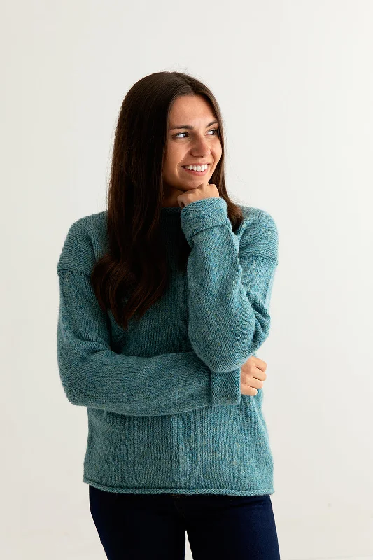 Womens Chunky cuffed jumper - light teal Embroidered Appliqued Beaded