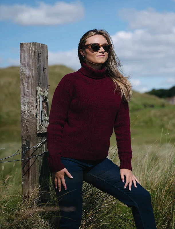 Womens Chunky Geelong Superfine Lambswool Polo Neck Jumper - Burgundy Spandex Blend Rayon Blend Denim Blend