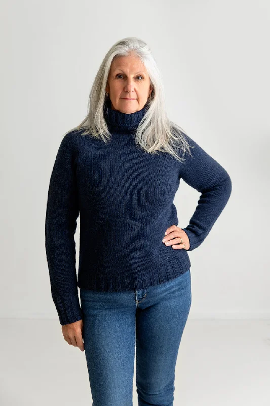 Womens Chunky Geelong Superfine Lambswool Polo Neck Jumper - navy Iron Safe Non-Iron Wrinkle Free
