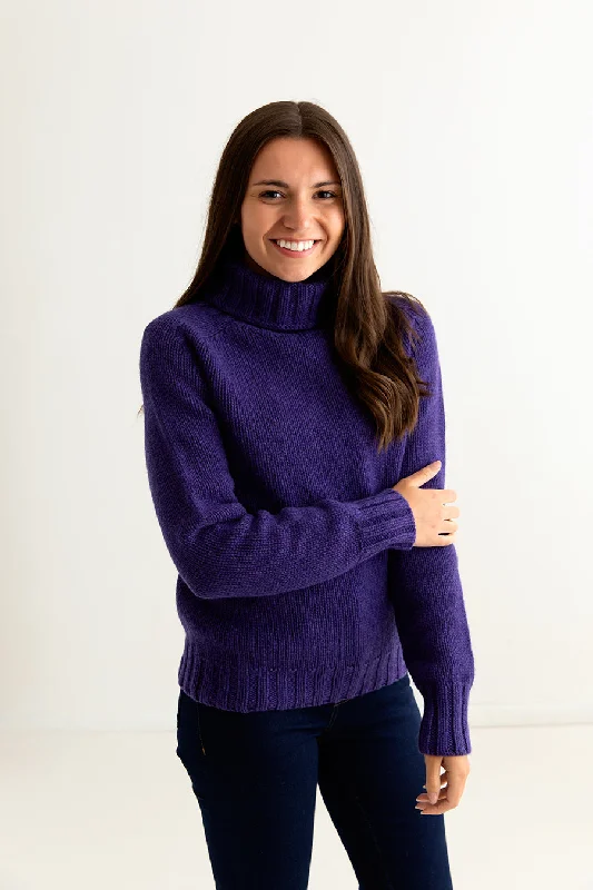 Womens Chunky Geelong Superfine Lambswool Polo Neck Jumper - Purple Knit Fabric Woven Fabric Fleece Fabric