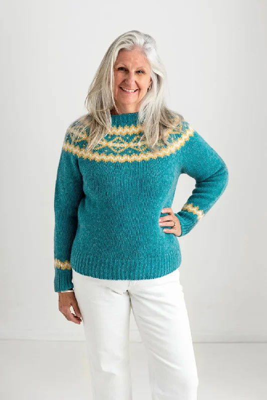 Womens Chunky Finnieston Yoke Fair Isle Jumper - Aqua Layered Multi-layer Single Layer Womens Chunky Finnieston Yoke Fair Isle Jumper - Aqua Layered Multi-layer Single Layer
