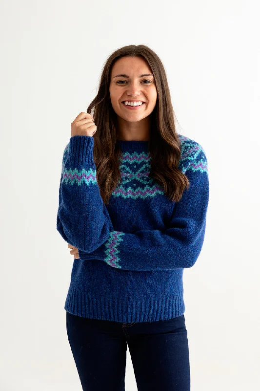 Womens Chunky Finnieston Yoke Fair Isle Jumper - Royal Blue Open Front Closed Front Wrap Front Womens Chunky Finnieston Yoke Fair Isle Jumper - Royal Blue Open Front Closed Front Wrap Front