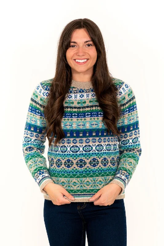 Womens Drumtochty fair isle jumper - Blue Green Boat Neck Shawl Collar Notched Collar Womens Drumtochty fair isle jumper - Blue Green Boat Neck Shawl Collar Notched Collar