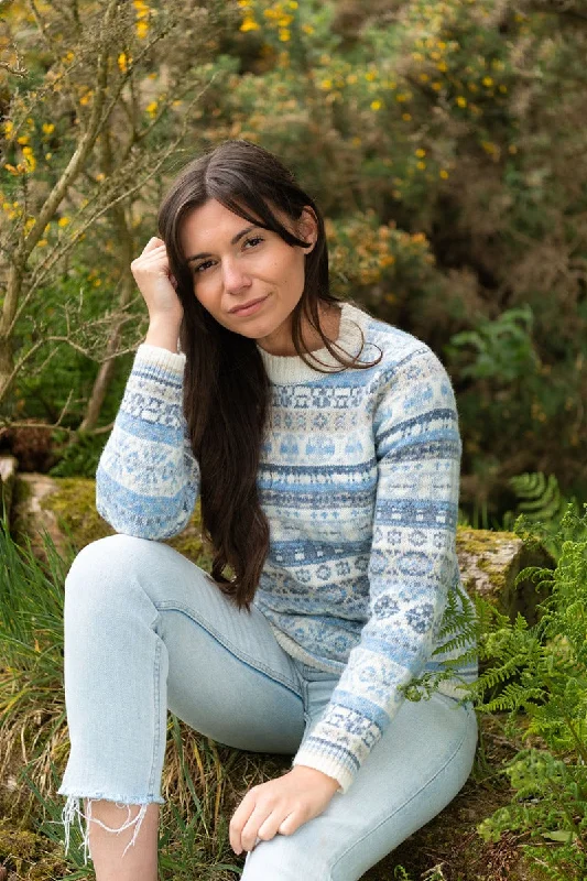 Womens Drumtochty fair isle jumper - Blue White Soft Cozy Warm