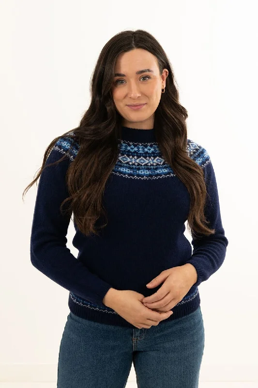 Womens soft lambswool fair isle jumper Cairngorm yoke - Navy Print Jacquard Patchwork Womens soft lambswool fair isle jumper Cairngorm yoke - Navy Print Jacquard Patchwork