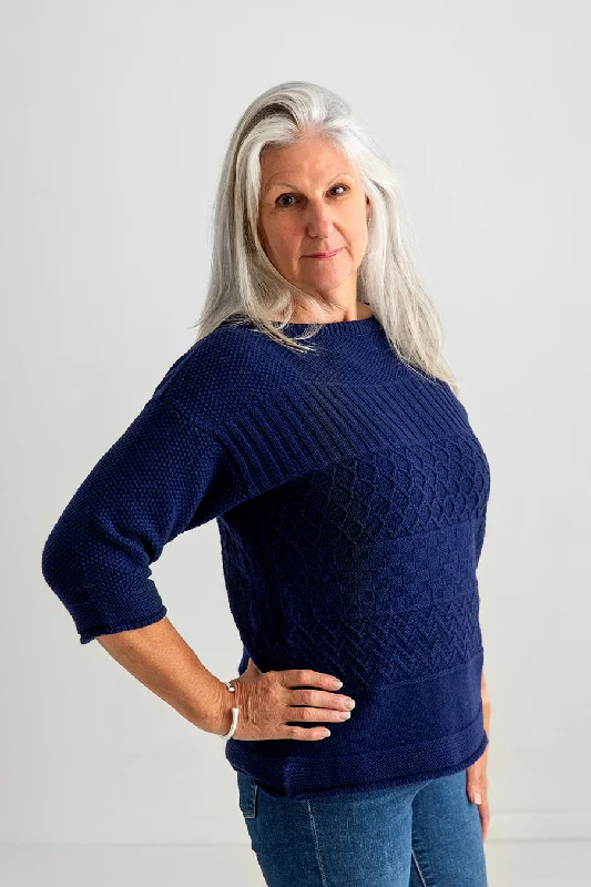 Womens Geelong Superfine Lambswool "Boathouse" Gansey Jumper - Navy Embroidered Appliqued Beaded Womens Geelong Superfine Lambswool "Boathouse" Gansey Jumper - Navy Embroidered Appliqued Beaded