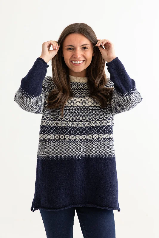 Womens Lace Fair Isle Tunic Jumper - navy Toggled Drawstring Belted