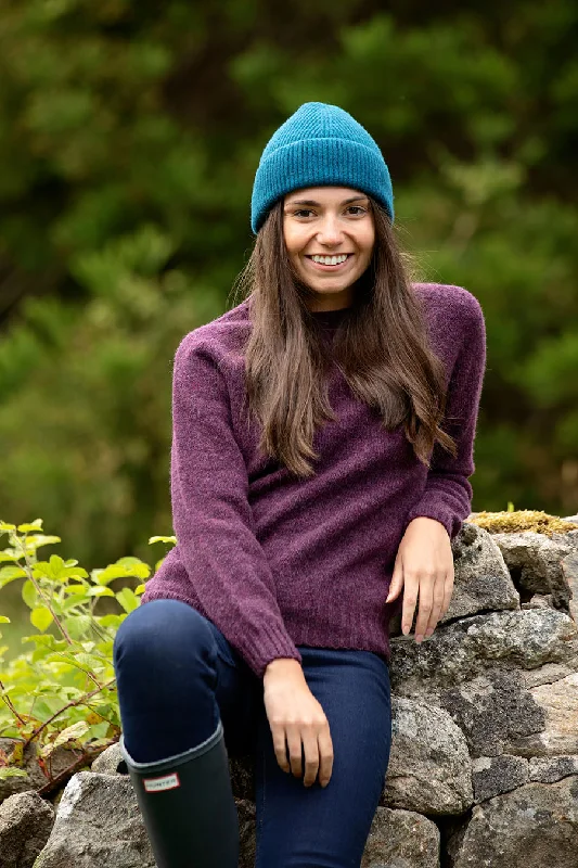 Womens Seamless Saddle Shoulder Shetland Jumper - Aubergine Boat Neck Shawl Collar Notched Collar