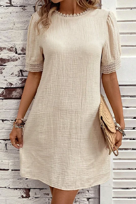 Blue Zone Planet |  Beige Crinkle Lace Trim Puff Sleeve Shift Mini Dress Cozy Cowl Neck Mini Dress