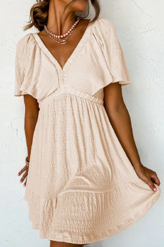 Beige Textured Deep V Neck Cutout Back Mini Dress Cozy Knitted Mini Dress