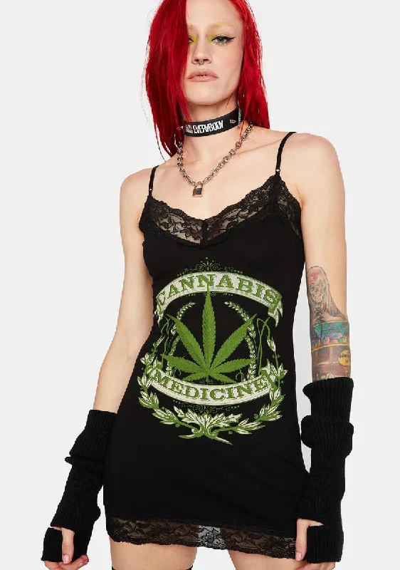 Black Cannabis Cami Mini Dress Comfortable Zip-Up Mini Dress