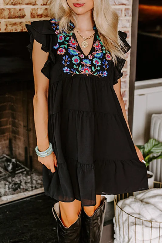 Black Floral Embroidered Tiered Ruffled Mini Dress Comfortable Casual Mini Dress