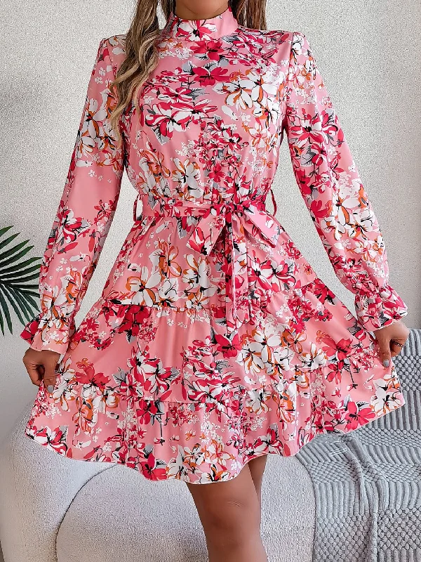 Blue Zone Planet |  Printed Mock Neck Flounce Sleeve Mini Dress Fashionable Off-Shoulder Mini Dress