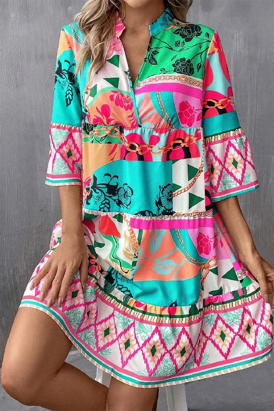 Blue Zone Planet |  Printed Surplice Half Sleeve Mini Dress Trendy Off-Shoulder Dress Mini