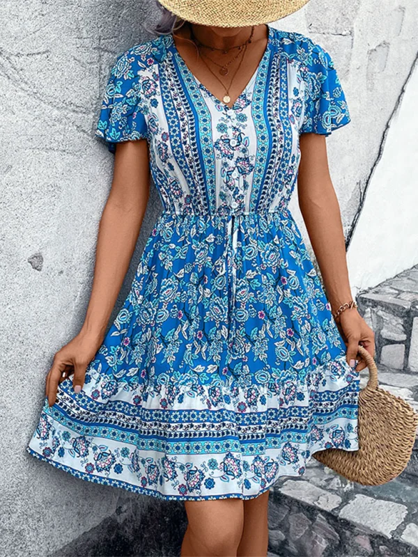 Blue Zone Planet |  Valentina's Bohemian N-Neck Ethnic Floral Mini Dress Cozy Jersey Mini Dress