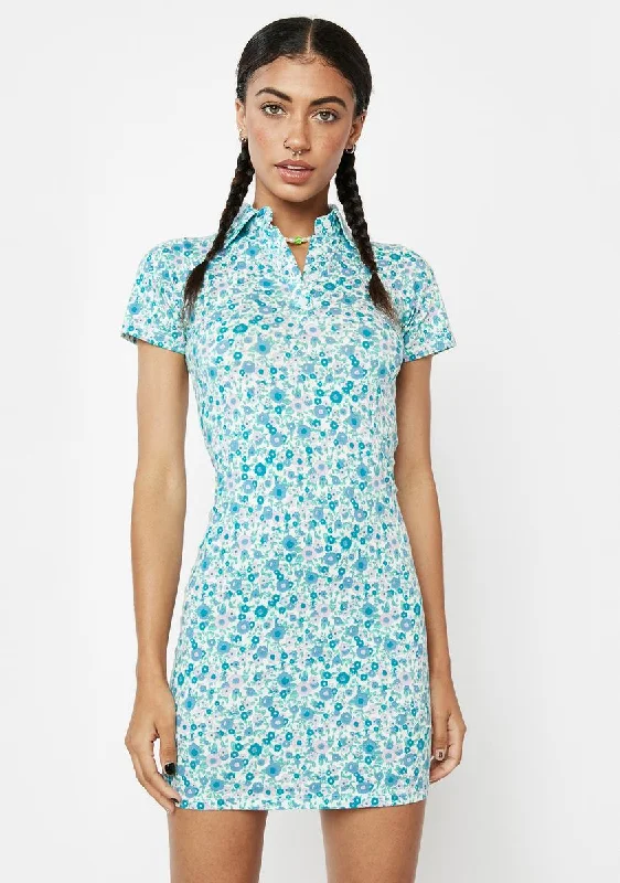 Flower Power Blue Jeeves Mini Dress Trendy Off-Shoulder Dress Mini