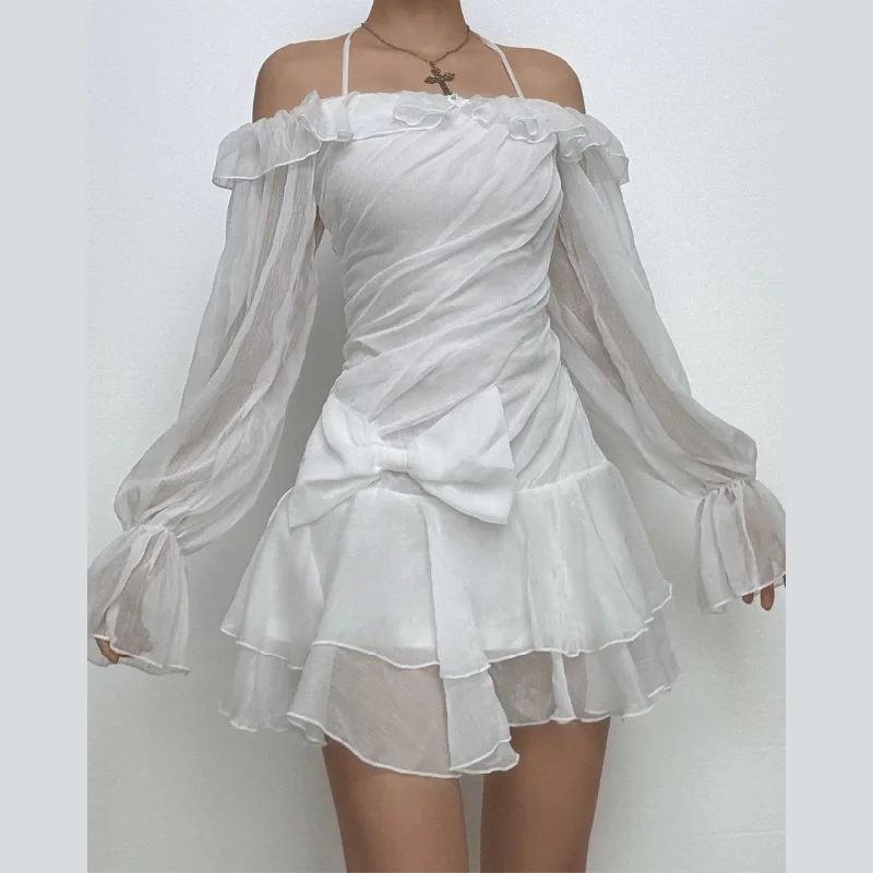 Halter off shoulder chiffon bowknot ruffle mini dress Cozy A-Line Mini Dress