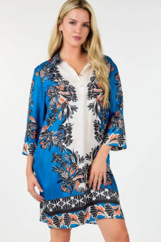 Blue Zone Planet |  Helena's Boho Multi Colored Collar Neck 3/4 Sleeve Mini Dress Classic Solid Mini Dress