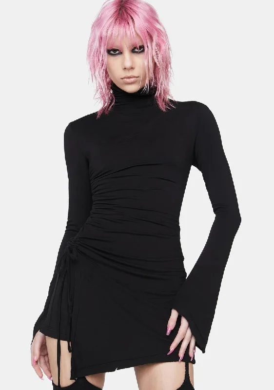 High Collar Pleated Mini Dress Cozy Cowl Neck Mini Dress