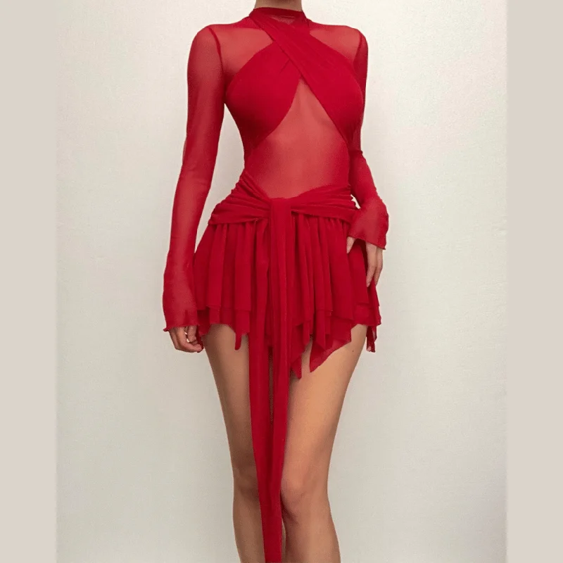 Long sleeve ruffle ruched cross front halter sheer mesh mini dress Comfortable Fit-and-Flare Mini Dress