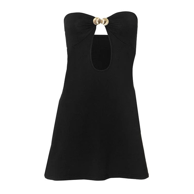 Metal applique hollow out solid tube cut out mini dress Fashionable Mini Dress with Pockets