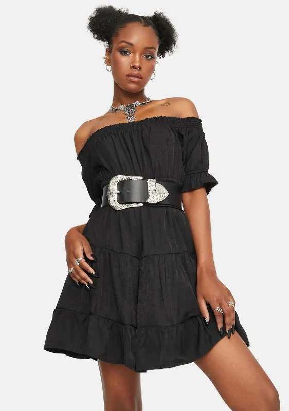 Noir Come Undone Off Shoulder Mini Dress Fashionable Mini Dress with Frills