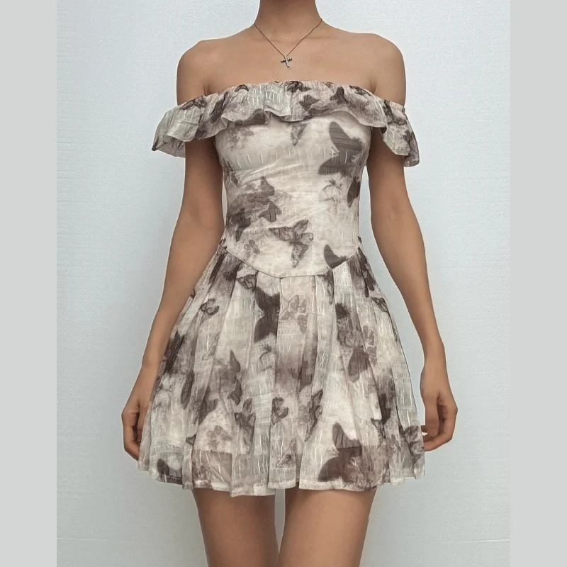 Off shoulder ruffle butterfly print mini dress Casual V-Neck Mini Dress