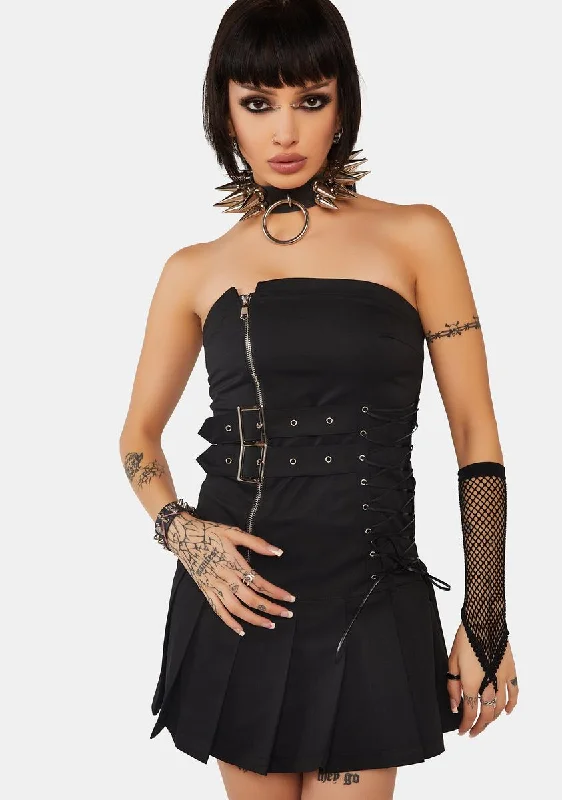 Punk Locomotive Pleated Mini Dress Elegant Lace-Up Mini Dress