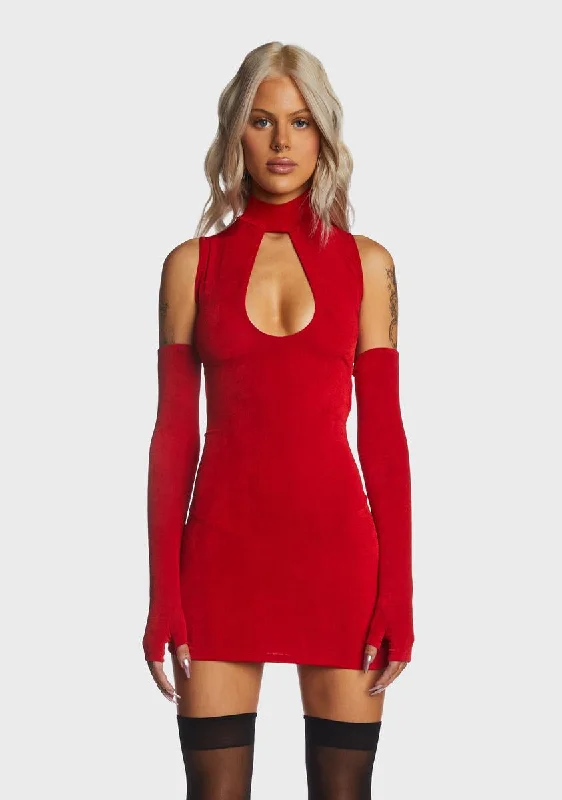 Red Cut Out Mini Dress With Gloves Stylish Ruffle Mini Dress