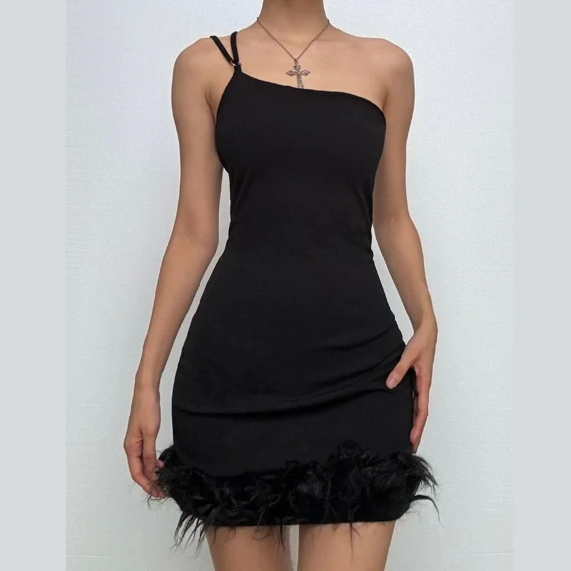 Solid irregular feather patchwork backless mini dress Trendy A-Line Mini Dress