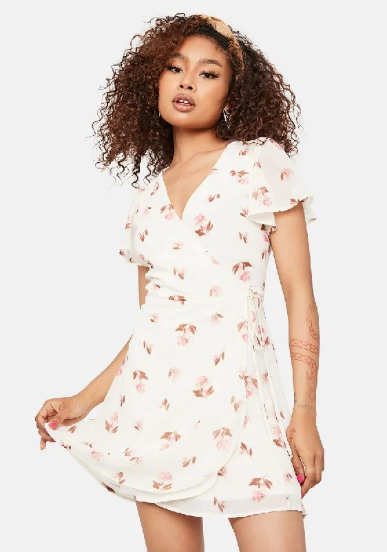 Touch The Sunlight Floral Wrap Mini Dress Fashionable Mini Dress with Pockets