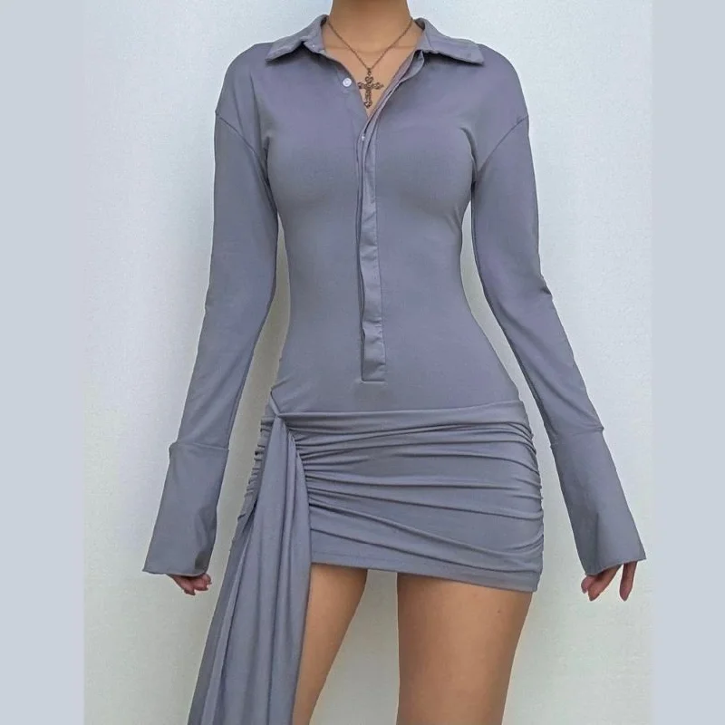 Turnover collar long sleeve button ruched mini dress Stylish Spaghetti Strap Mini Dress