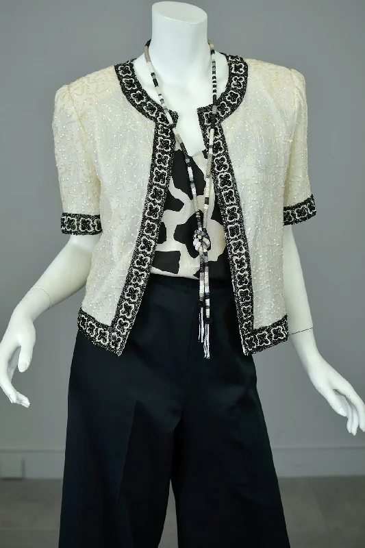 1980s Laurence Kazar White Black Beaded Jacket Top Faux Fur Fabric Real Fur Fabric Shearling Fabric