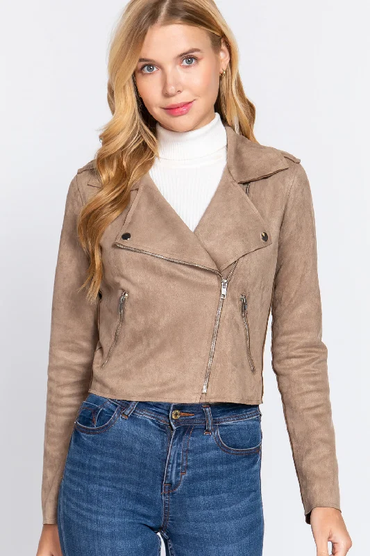 Long Slv Biker Faux Suede Short Jacket One-Shoulder Jacket Off-the-Shoulder Jacket Asymmetrical Jacket