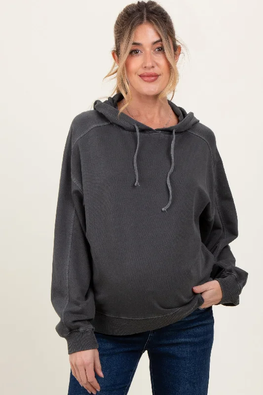 Black French Terry Hooded Maternity Sweatshirt Hoodie with Color Block Contrast Stylish Black French Terry Hooded Maternity Sweatshirt Hoodie with Color Block Contrast Stylish
