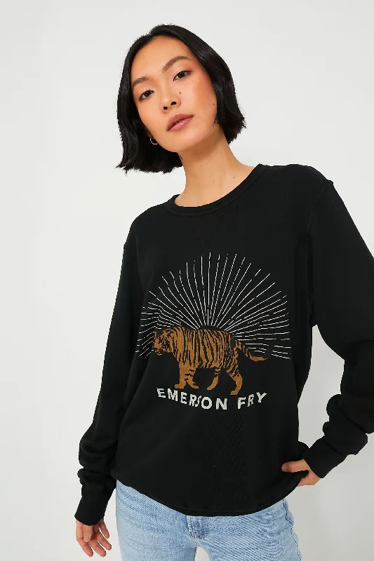 Black Tiger Sweatshirt Hoodie with Drop Shoulder Relaxed Streetwear