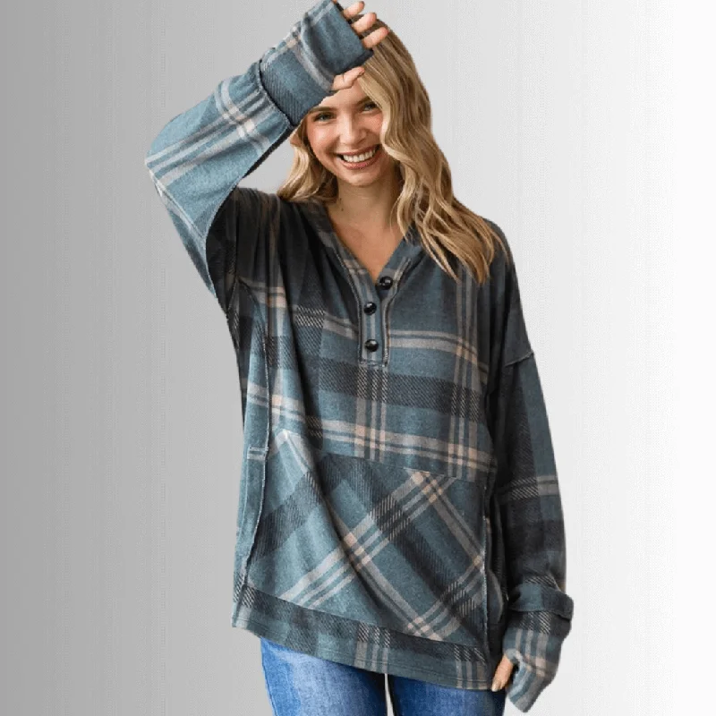 Blake Soft Plaid Hoodie Made in USA Hoodie with Batwing Sleeves Loose Dramatic