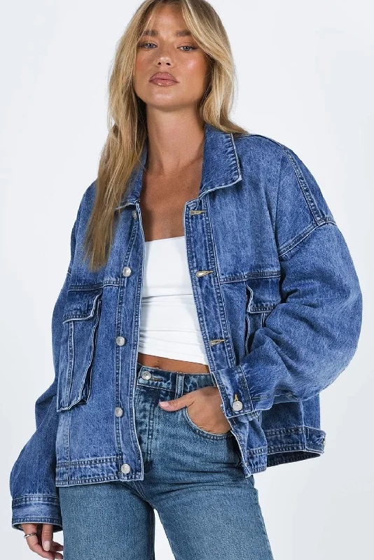 Long Sleeve Button-down Oversized Denim Blue Jean Jacket A-Line Jacket Boat Neck Shawl Collar