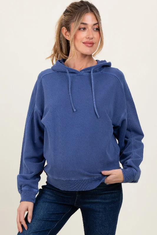 Blue French Terry Hooded Maternity Sweatshirt Hoodie with Exposed Zipper Edgy Industrial