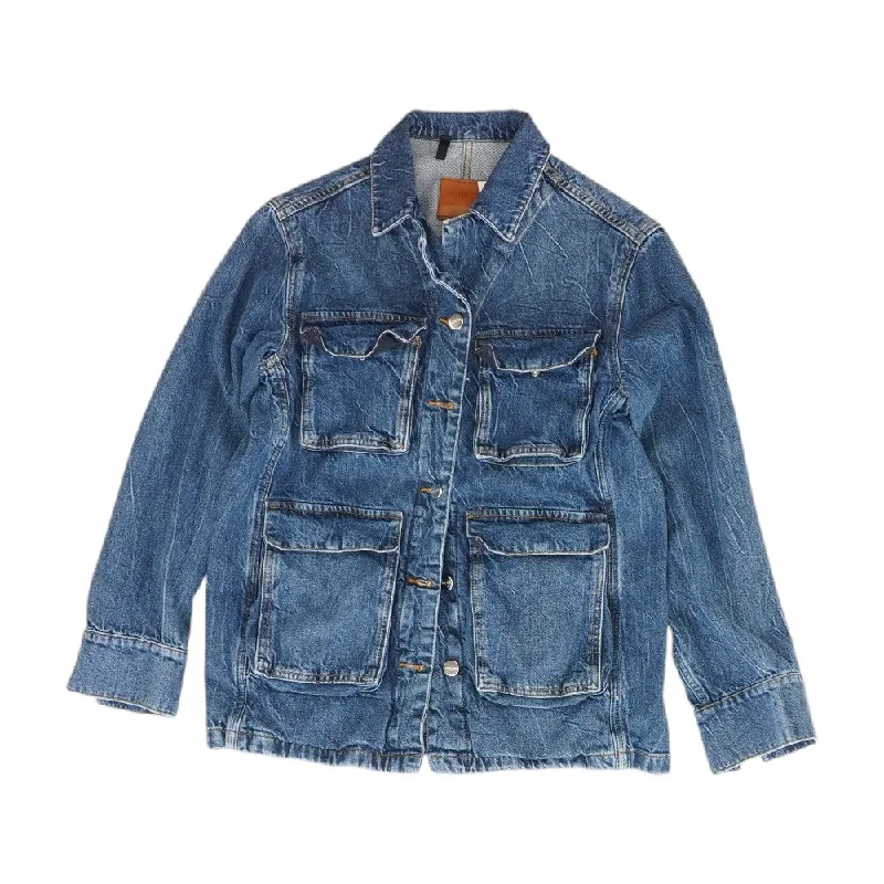 Blue Solid Denim Jacket Snapped Jacket Toggled Jacket Drawstring Jacket