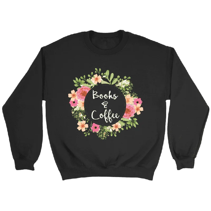 "Books & Coffee" Sweatshirt Hoodie with Hem Frayed Vintage Worn