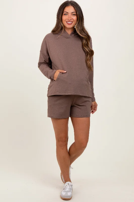 Brown Hoodie Shorts Maternity Set Hoodie with Slit Hem Functional Movement