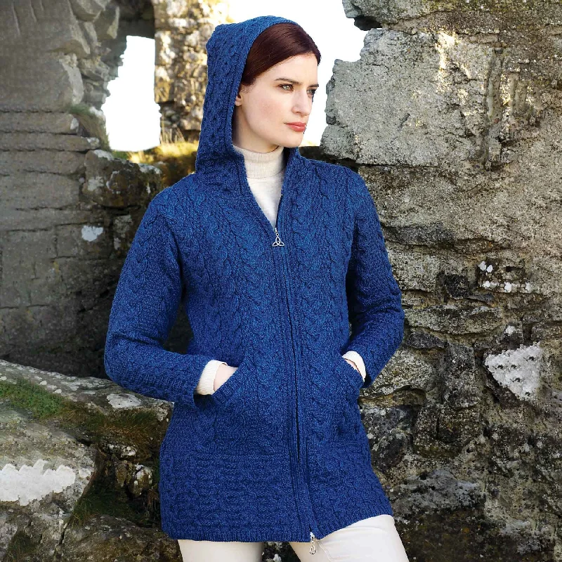 Galway Zip Up Hooded Aran Knit Jacket- Marl Blue Jersey Jacket Tulle Jacket Batik Jacket